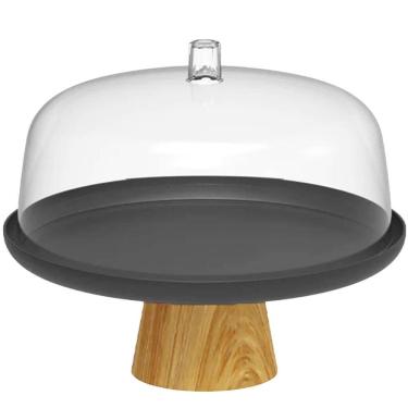 Imagem de Boleira Cúpula Plástica 25cm com Pé Bambu Lume Preto Prato para Bolo Doces Ou