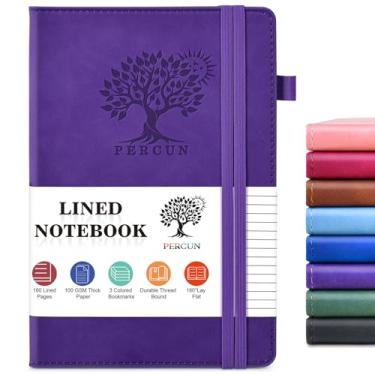 Imagem de PERCUN Caderno de papel milimetrado, diário de grade de 160 páginas para mulheres e homens, caderno gráfico de couro de capa dura A5 para escola, trabalho, viagens, anotações 15 x 21,6 cm (roxo)