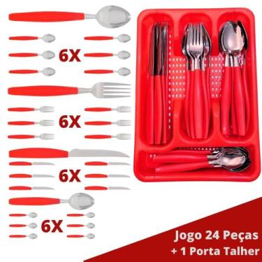 Imagem de Faqueiro Aço Inox 24 Pçs C/ 1 Porta Talheres Berlim Vermelho - EM CASA