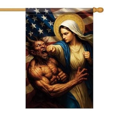 Imagem de Starlit Patio Bandeira de casa cristã 71 x 101 cm Virgem Maria derrotando o mal bandeira de jardim dupla face mãe halo bandeira dos EUA fundo banner pátio exterior varanda ração religiosa casa jardim