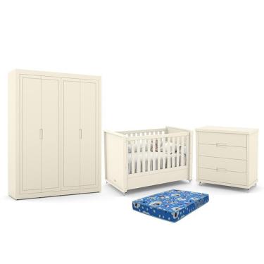 Imagem de Dormitório Tutto New 4 Portas, Cômoda 4 Gavetas E Berço Off White Com Colchão - Matic Móveis Off White