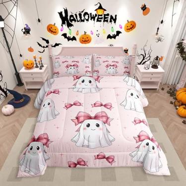 Imagem de Erosebridal Conjunto de edredom solteiro de fantasma rosa com laço, lindo conjunto de cama assustador de Halloween para meninas e crianças, colcha de laços coquete rosa, gravata borboleta feminina