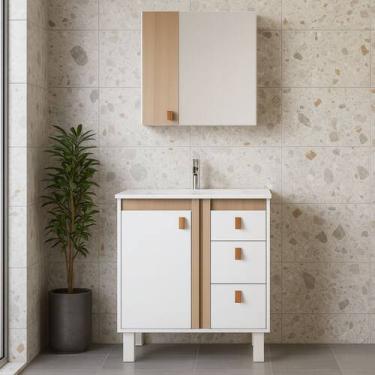 Imagem de Gabinete de Banheiro 88cm 3 Gavetas Espelheira 1 Porta Cuba - Rainha d