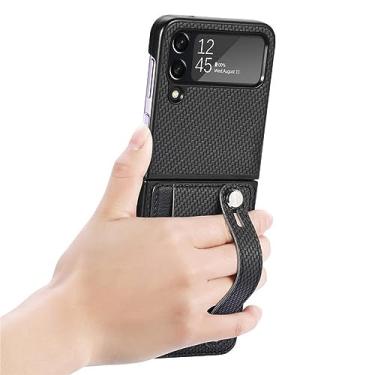 Imagem de Estojo Carteira de Fibra de Carbono para Samsung Galaxy Z Flip4 Flip 4 5 Flip3 Flip 3 Flip5 Zflip4 Pulseira Titular do Cartão, Preto, para samsung Z Flip 5