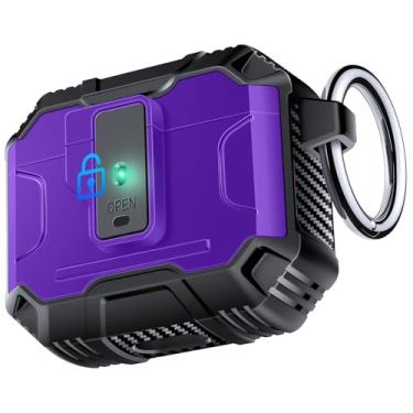 Imagem de Capa Amoured AutoPOP para AirPods 4ª geração com trava e chaveiro, proteção resistente de 360° e mecanismo de abertura de 1-clique, compatível com capa de bloqueio MagSafe AirPods 4 - roxa