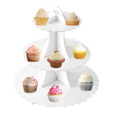 Imagem de Suporte de cupcake branco de 3 camadas, suporte de papelão para cupcake – fácil de montar e reutilizável (renda branca)