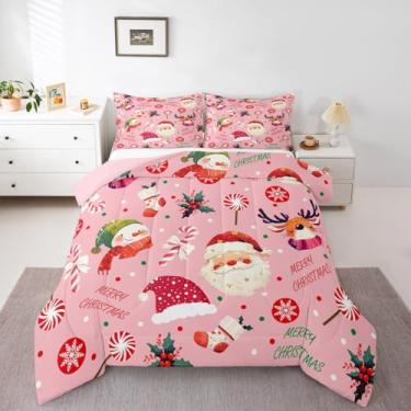 Imagem de Feelyou Conjunto de edredom casal com decoração de Natal, Papai Noel, para crianças, meninos, meninas, edredom de Natal, decoração de quarto, microfibra, 3 peças com 2 fronhas