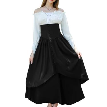 Imagem de Conjunto de saia de botão de cintura alta inspirada na era vitoriana para fantasias renascentistas femininas, Preto, 3G