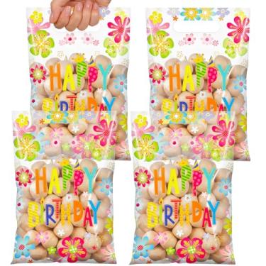 Imagem de Funrous 50 peças de sacolas de lembrancinhas de feliz aniversário, flores coloridas, sacolas plásticas com alças transparentes para doces, presentes para festa em casa, decoração de chá de bebê
