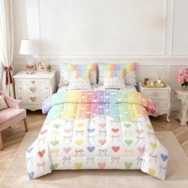 Imagem de Conjunto de edredom casal, 7 peças, listras arco-íris, decoração de quarto feminino, estilo doce, romântico, 2 fronhas, 2 fronhas, colorido