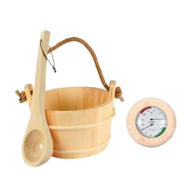 Imagem de WeiLaiKeQi Conjunto de balde e concha para sauna Balde de madeira com medidor de temperatura e umidade Acessórios para sauna SPA