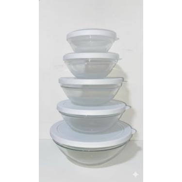 Imagem de Conjunto 5 Potes de Vidro Redondo com Tampa Branco – Tigelas Herméticas para Armazenamento de Alimentos (Branco)