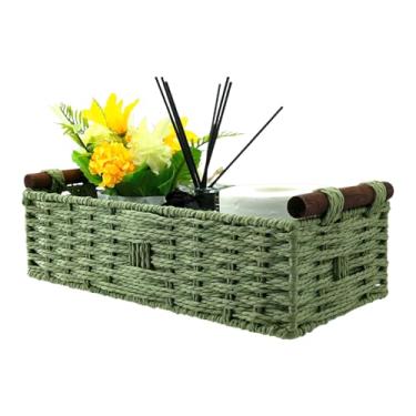 Imagem de Cesta retangular de armazenamento de corda de papel – Cesta organizadora estilo vime com alça, caixas de armazenamento decorativas para bancada, cesta de papel higiênico para vaso sanitário, cesta de