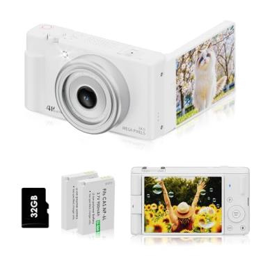 Imagem de Câmera digital para fotografia, câmera de foco automático de 64 MP com zoom de 16x, tela flip de 180°, câmeras de vlog, câmera de viagem compacta com cartão de memória de 32 GB, 2 baterias