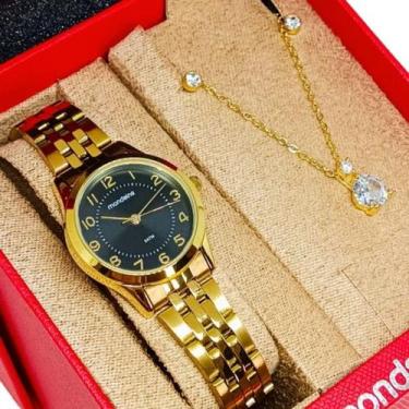 Imagem de Kit Relógio Mondaine Feminino Original Dourado Numerico À Prova D'Água
