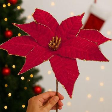 Imagem de Flores Artificial Camurça Enfeite Árvore Natal 30cm Kit 8pçs - Genéric