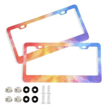 Imagem de CEBUGI Pacote com 2 molduras de placa de carro de alumínio capas de moldura de placa de carro com 2 furos coloridos tie-dye acessórios automotivos para placas dianteiras e traseiras orifício elíptico