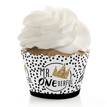 Imagem de Big Dot of Happiness 1st Birthday Little Mr. Onederful - Decorações de festa de primeiro aniversário para meninos - Embalagens de cupcake de festa - Conjunto de 12