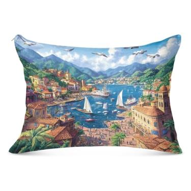 Imagem de Capa de almofada decorativa com zíper cênica mediterrânea litorânea padrão de desenho animado Queen King Size fronhas presentes decoração de cama, tamanho padrão, 51 x 66 cm