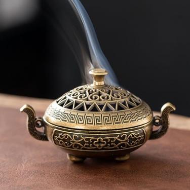 Imagem de Queimador de incenso antigo com cabo duplo de três pernas, bobina de liga esculpida vazada, queimador de incenso vintage de mesa para decoração de casa, meditação, aromaterapia