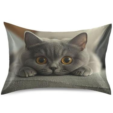 Imagem de Curious British Shorthair Cat Fronhas de Cetim Capas de Travesseiro Refrescante Padrão Queen King Capa de Travesseiro Arte Bonito Presentes de Cama Confortáveis, Tamanho King, 101,6 cm x 50,8 cm