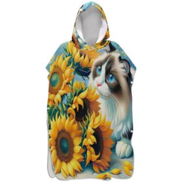 Imagem de Joisal Ragdoll Gato Girassóis Bonito Surf Poncho Trocador Roupão Adultos Praia Banho Com Capuz Plus Size Homens Mulheres Poncho com Capuz