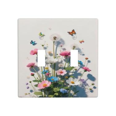Imagem de HLCoChT Capas de interruptor de luz de arte decorativa, buquê de flores silvestres colorido, placa de interruptor de borboleta, enseada, 2 grupos, placa de parede com interruptor duplo, capa