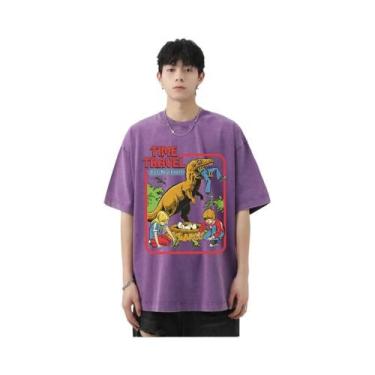 Imagem de Camiseta Masculina Retrô De Algodão Lavado Com Estampa De Dinossauro, 