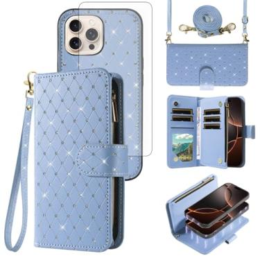 Imagem de Capa carteira compatível com iPhone 16 Pro de 6,3 polegadas com zíper e protetor de tela de vidro temperado alça transversal com glitter flip porta-cartões capa para celular para celular i Phone16 i16