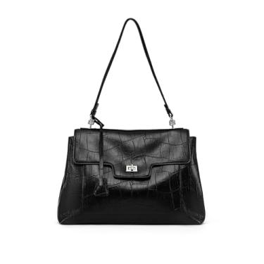 Imagem de NEWBELLA Bolsa de ombro feminina retrô - Bolsa clássica com aba, bolsa de couro de luxo para uso diário, Preto, Retrô
