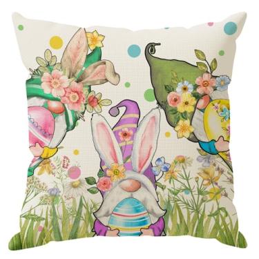 Imagem de ZAEW Gnomos, orelhas de coelho, ovos, flores silvestres, Páscoa, fronhas, decorações para casa de fazenda, sofá, sofá, capa de almofada para festa, decoração de férias, 40,6 x 40,6 cm