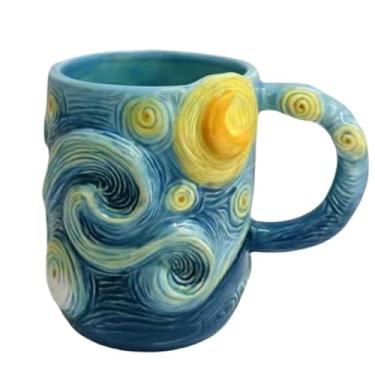 Imagem de Hamosky Caneca de café Starry Night, caneca de artista inovadora, copo inspirado em arte de resina de 368.5 g com design de pintura famoso, azul e amarelo, 12 x 8 x 9,6 cm para leite cacau vinho suco