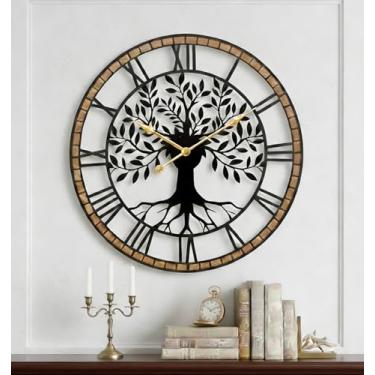 Imagem de Roivikis Relógio de parede grande para decoração de sala de estar árvore da vida de 61 cm, arte de parede de metal, sem tique-taque, operado por bateria, preto com moldura de madeira maciça para