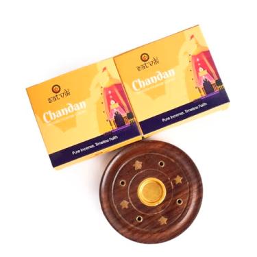 Imagem de SATVIK Conjunto de 2 - Cones Chandan Pure Masala Dhoop com suporte de incenso grátis | 100% natural, não tóxico | Feito com ervas, resinas e óleos essenciais | para Pooja, meditação, aroma e