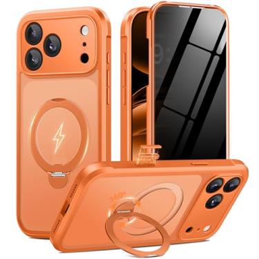 Imagem de BERFY Capa para iPhone 17 Pro, compatível com MagSafe, protetor de tela de privacidade integrado e suporte magnético giratório 360, capa de telefone fosca à prova de choque para 17 Pro de 6,3