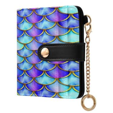 Imagem de STAYTOP Linda carteira feminina colorida com escamas de sereia com bloqueio de RFID, de couro macio, dobrável e compacta, porta-cartões com zíper, bolso para moedas, janela para identidade