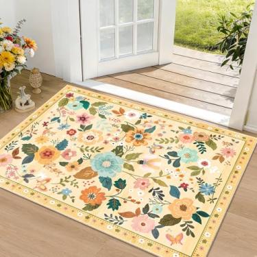 Imagem de RELEANY Tapete floral 5 x 7 cm lavável à máquina tapete boho macio tapete antiderrapante tapete de área de flores de pelo baixo para sala de estar, quarto, berçário, cozinha, sala de jantar, interior