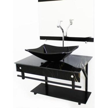 Imagem de Kit Gabinete 60Cm Cuba Retangular Mármore Preto + Torneira