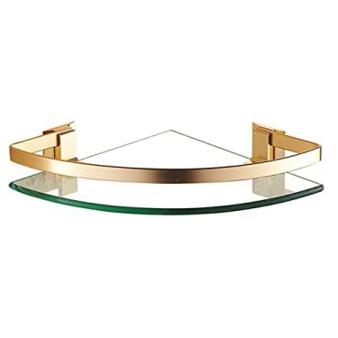 Imagem de QFFL Prateleira de canto de vidro triangular de parede, prateleiras flutuantes, Prateleiras de chuveiro de banheiro com corrimão, 1 prateleira, transparente, para decoração de parede residencial (cor : dourada)