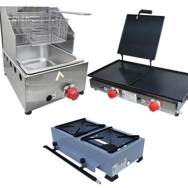 Imagem de Kit Lanchonete Fogão Portátil 2 Bocas + Chapa 60cm Prensa e Fritadeira 1 Cuba 5 Litros Alcamar