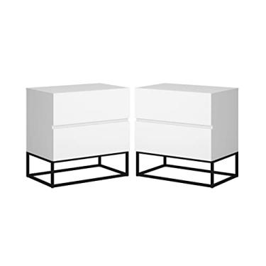 Imagem de Conjunto 2 Mesa de Cabeceira Estilo Industrial 2 Gavetas Eros 45 Base Preta Cor:Branco