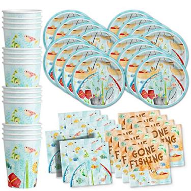 Imagem de Conjunto de artigos de festa de aniversário para pescaria Little Fisherman, pratos, guardanapos, copos, louça, kit para 16 anos