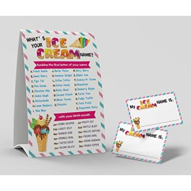 Imagem de Qual é o seu jogo de nome de sorvete, 1 placa com tema de sorvete e 50 adesivos de etiqueta de nome, jogo de aniversário para crianças e festas adultos, jogo de atividades para escritório ou aula | F021