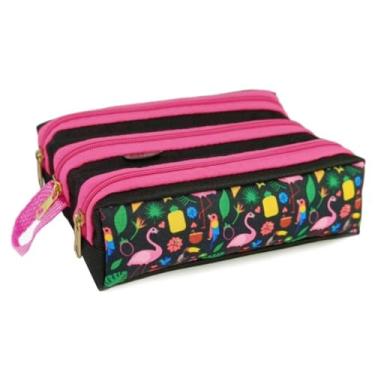 Imagem de Estojo Escolar Infantil 3 Dividórias Bolsinha Porta Lapis Caneta Organizador Triplo (FLAMINGO-PRETO-ROSA)