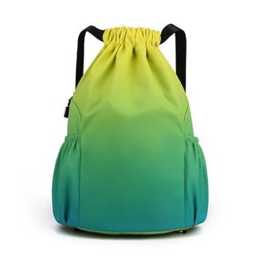 Imagem de Bolsa com cordão, mochila leve com suporte para garrafa de água e bolsos, mochila esportiva de ginástica, Amarelo, verde, Small, Esportes
