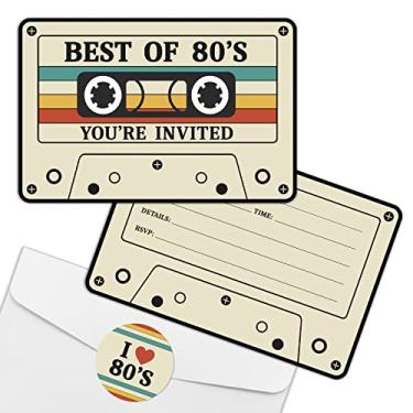 Imagem de REWIDPARTY Convites de festa de retrocesso dos anos 80 com envelopes e adesivos (conjunto de 15) Convites de preenchimento em forma de fita cassete dos anos 80 cartões de convites para festa de