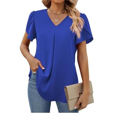 Imagem de Funlingo Blusas femininas de verão de manga curta de chiffon elegantes com decote em V, túnica de trabalho, camisetas casuais soltas, Azul royal, 4G