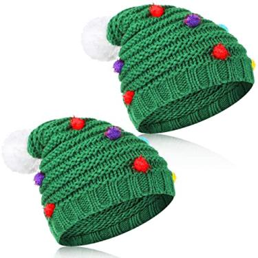 Imagem de Jeyiour Chapéus de árvore de Natal gorro de crochê de inverno chapéu de papai noel adulto quente feito à mão engraçado elfo árvore de natal gorro pompom (2 peças)… verde