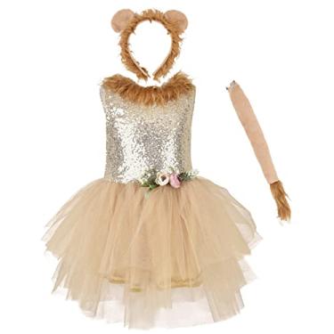 Imagem de Vestido de tutu de leão com lantejoulas para meninas para crianças e meninas, fantasia de Halloween, cosplay, fantasia de cosplay, tema animal, festa, tule, vestido curto em camadas, roupa de aniversário com faixa de cabeça de leão conjunto de lantejoulas leão 5-6 anos