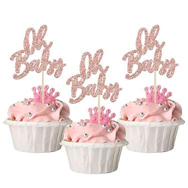Imagem de 24Pcs Oh Baby Cupcake Toppers Glitter Baby Shower Cupcake Picks for Gender Reveal Baby Shower Kids Boys Girls Birthday Party Cake Decorations Supplies Rose Gold